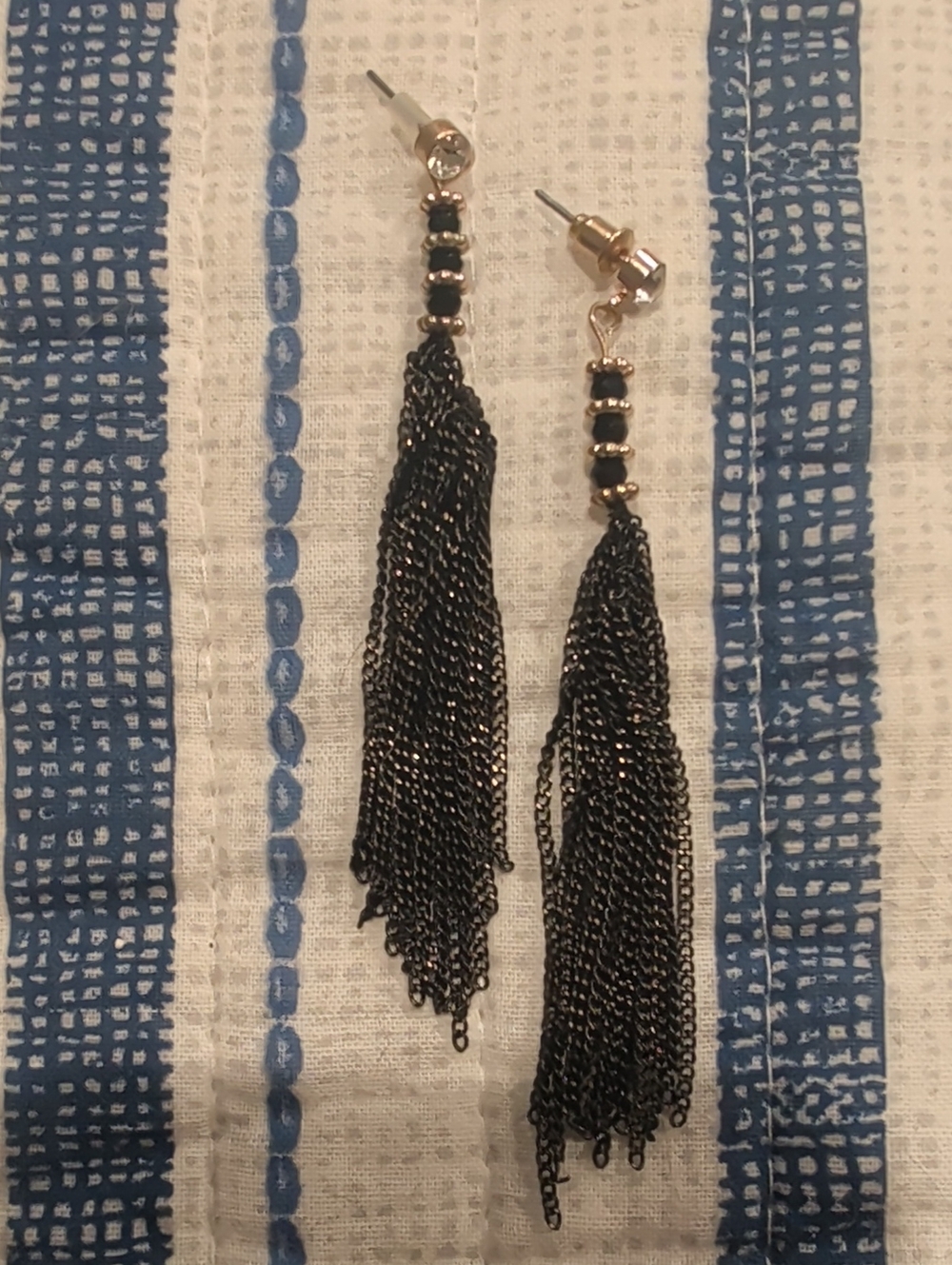 Black Tassel Chain Drop Earrings - Unbranded